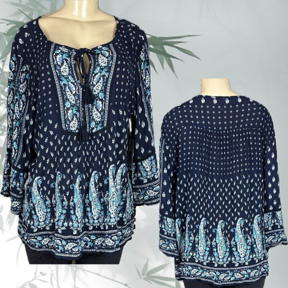 Bila L Navy Blue Dual Print Tie Tassle Keyhole Neckline 3/4 Bell Sleeve Blouse